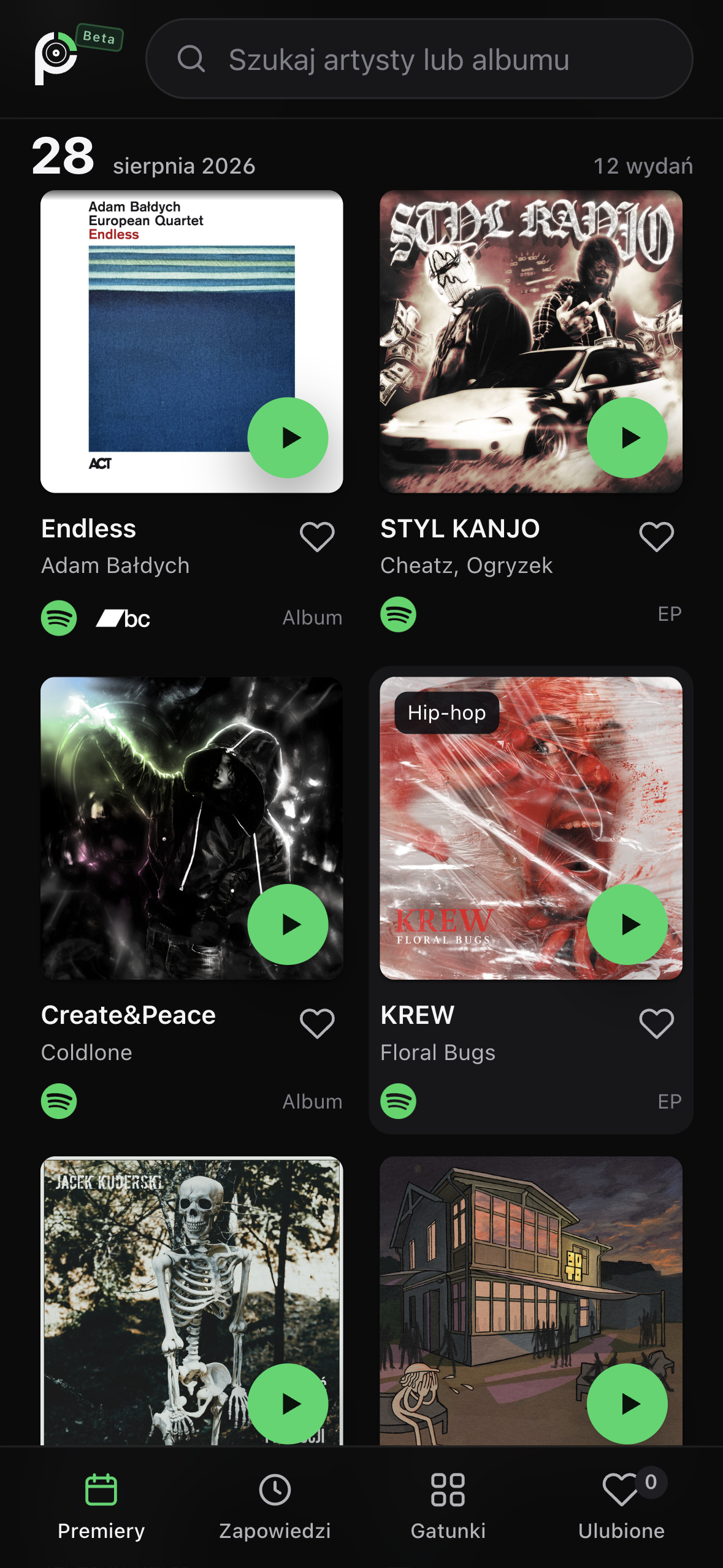 Mobilny katalog premier: siatka okładek albumów Adama Bałdycha, Cheatz i Ogryzka, Coldlone oraz Floral Bugsa, data premiery i przyciski odsłuchu