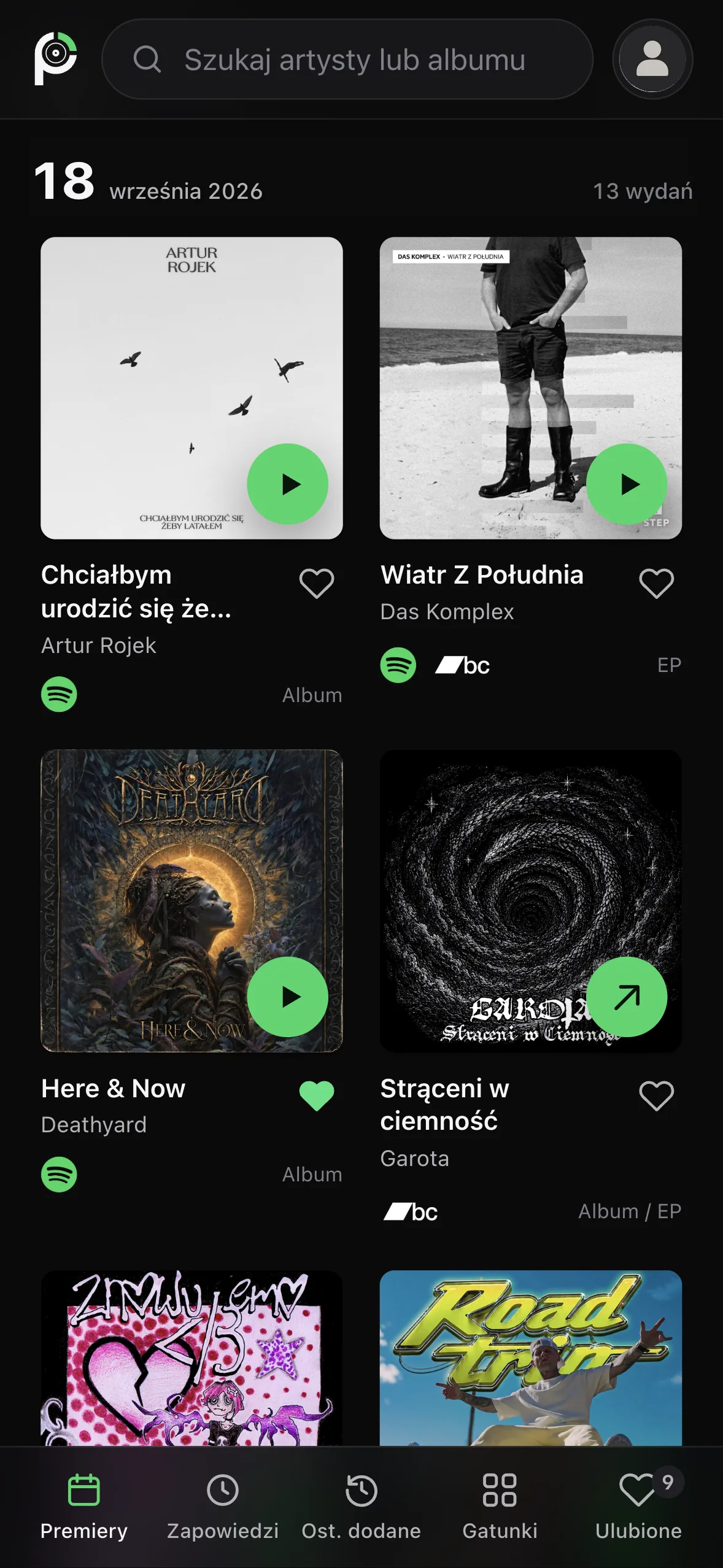 Mobilny katalog premier z 18 września 2026 z okładkami albumów Artura Rojka, Das Komplex, Deathyard i Garoty